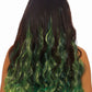 A back view of green hair extensions on a dark haired woman.