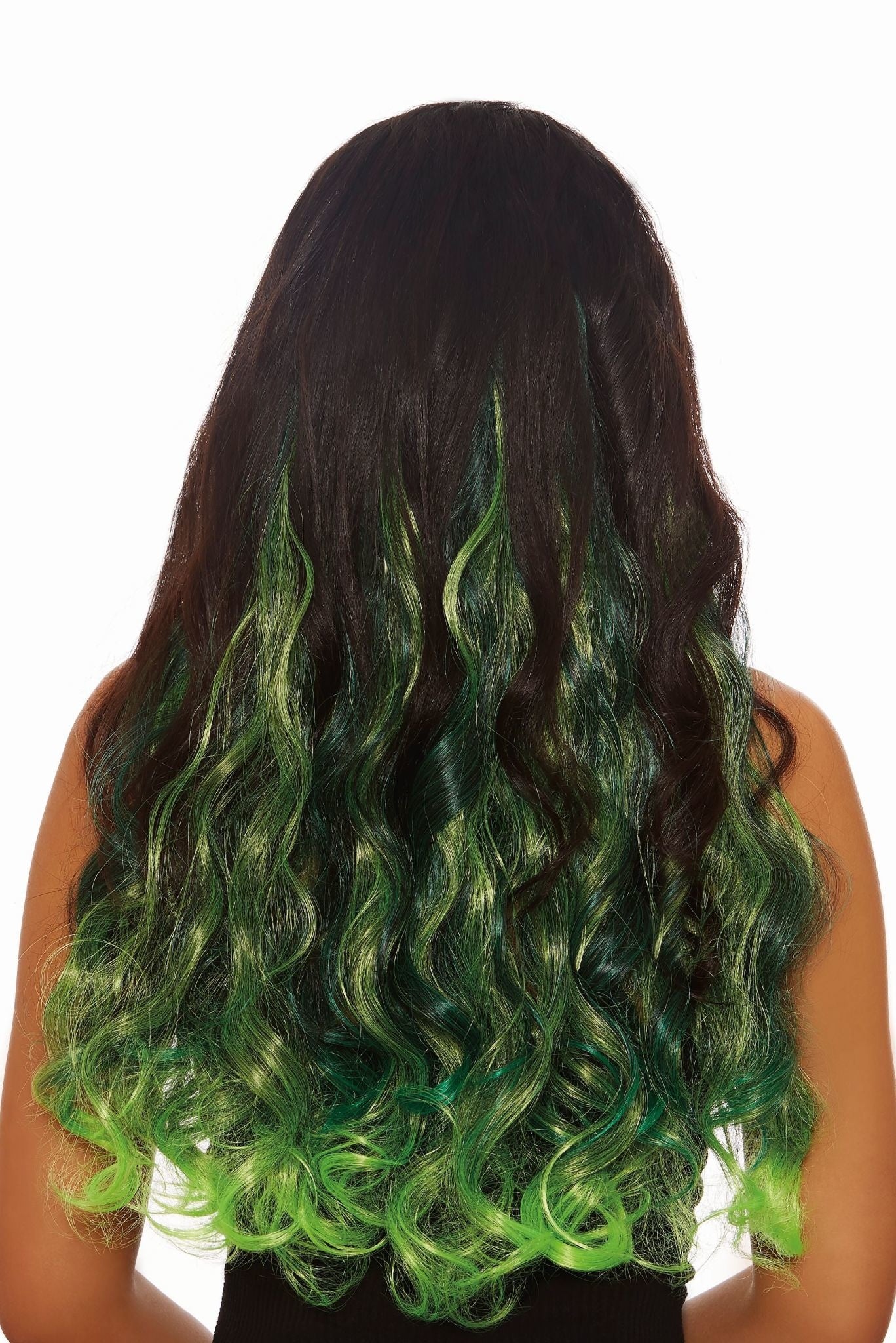 A back view of green hair extensions on a dark haired woman.