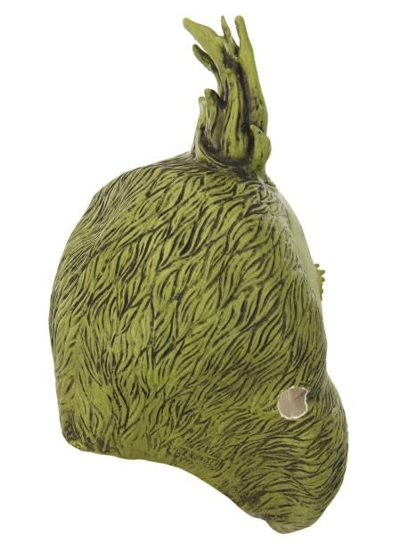 A view of the back of a latex Grinch mask.