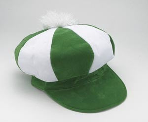 A green and white St. Patrick's Day golf hat with a fuzzy white ball at the top.