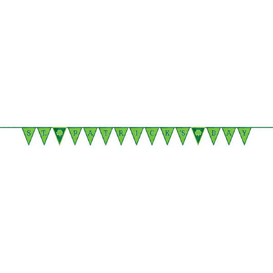 A flag banner party supply that spells out St. Patrick's Day.