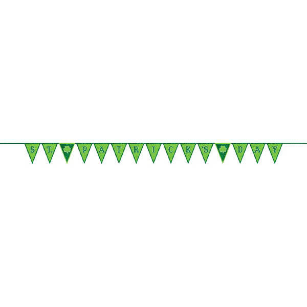 A flag banner party supply that spells out St. Patrick's Day.