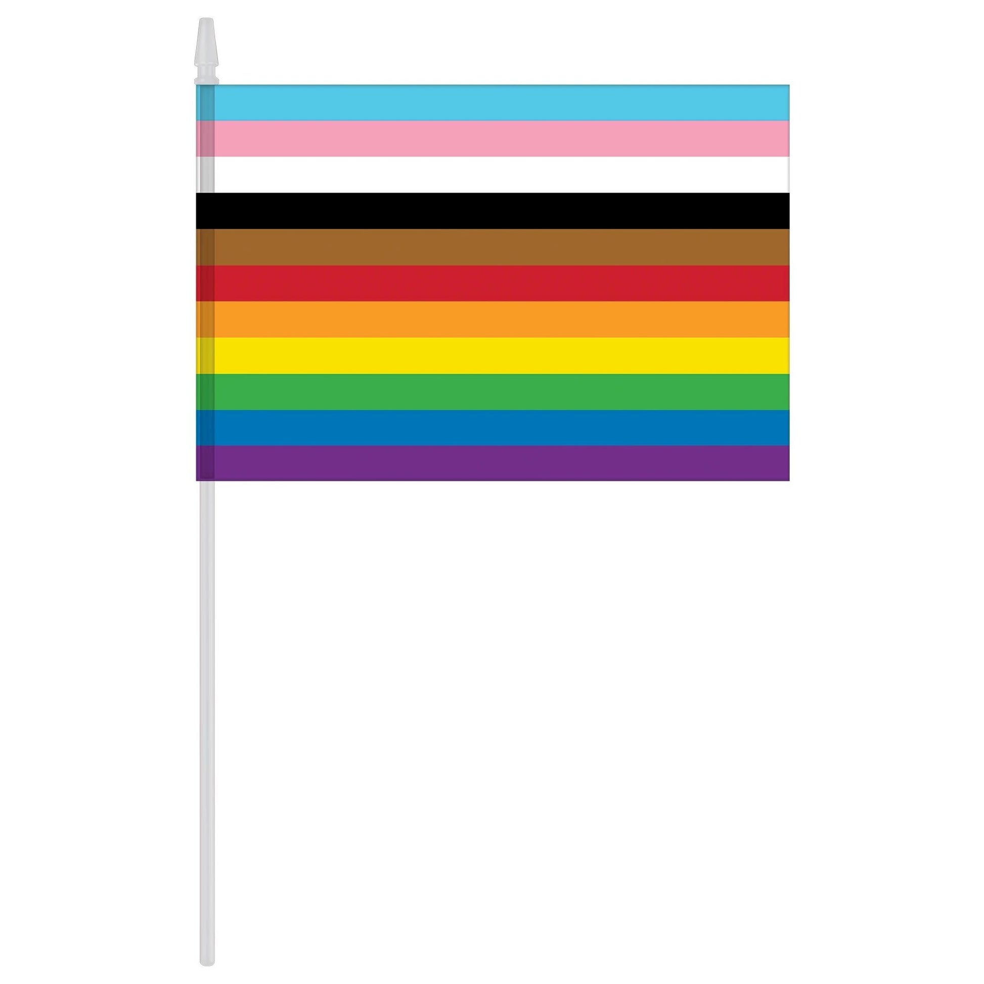 A handheld pride flag.