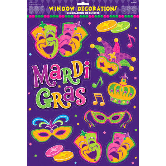 Mardi Gras themed window decoration stickers.