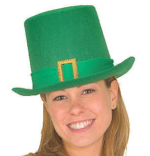 A woman wearing a classic green St. Patrick's Day felt hat.