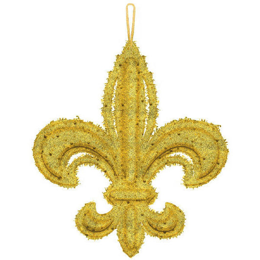 A gold colored Fleur de Lis hanging decoration for Mardi Gras.