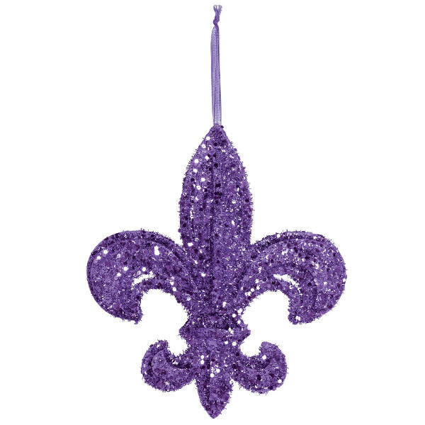 A purple colored Fleur de Lis hanging decoration for Mardi Gras.