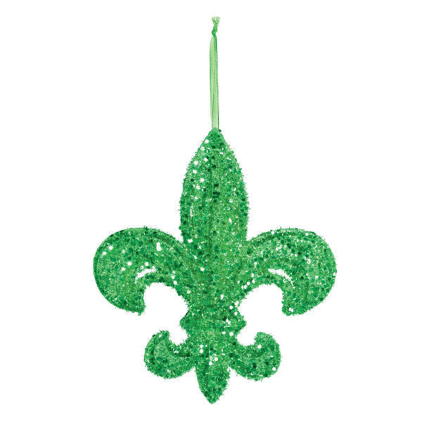 A green colored Fleur de Lis hanging decoration for Mardi Gras.