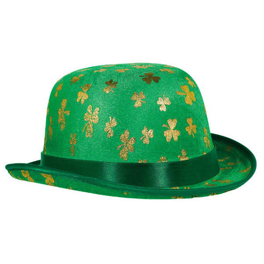 A green St. Patrick's Day derby hat with gold shamrocks all over it.