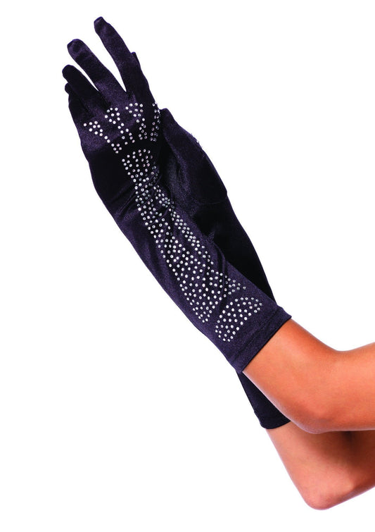 Rhinestone Bone Elbow Length Gloves - Black/Silver
