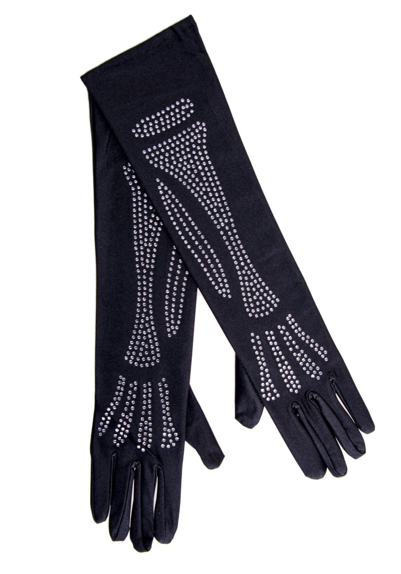 Rhinestone Bone Elbow Length Gloves - Black/Silver