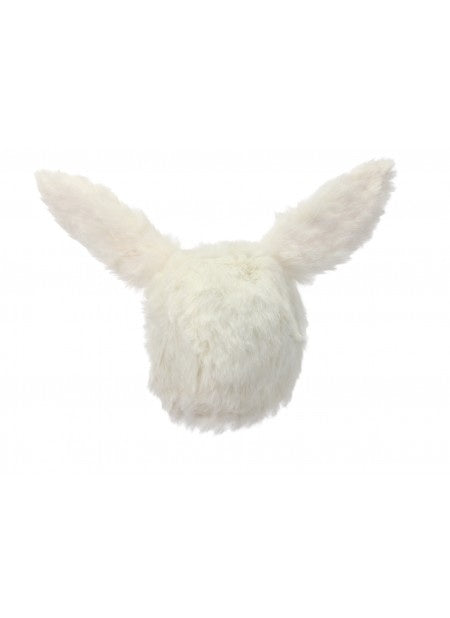 A closeup of the back of a plush rabbit ears hat.