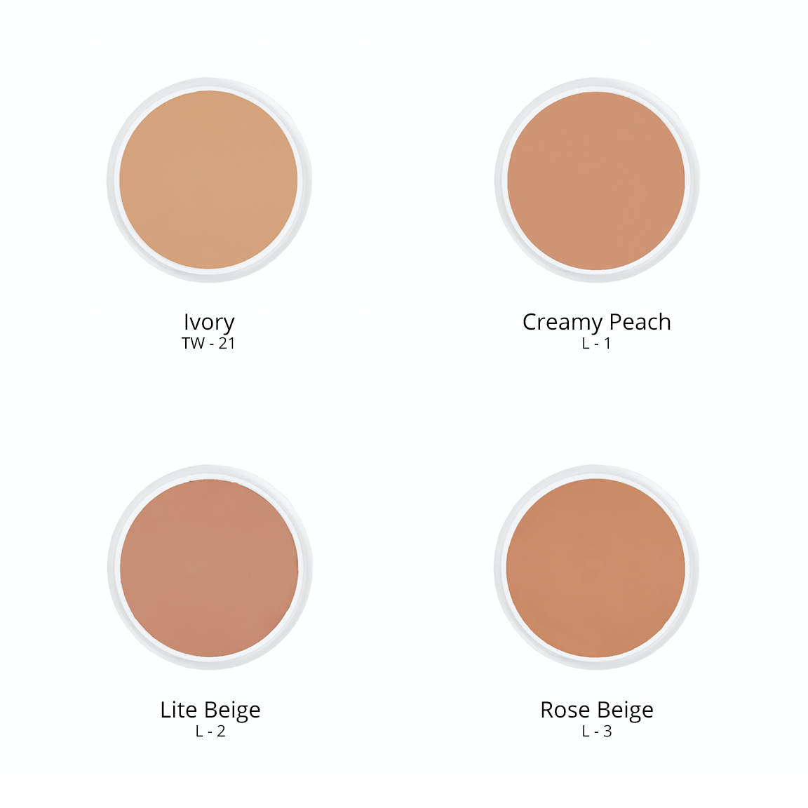 Ben Nye creme foundation in 4 shades, Ivory TW - 21, Creamy Peach L - 1, Lite Beige L - 2, and Rose Beige L - 3.