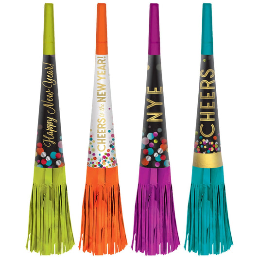 9" New Years Fringe Horns Multi-Pack Colorful (8pk.)