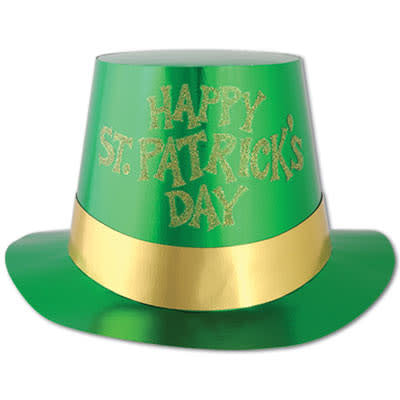 A paper topper hat that says Happy St. Patrick's Day.