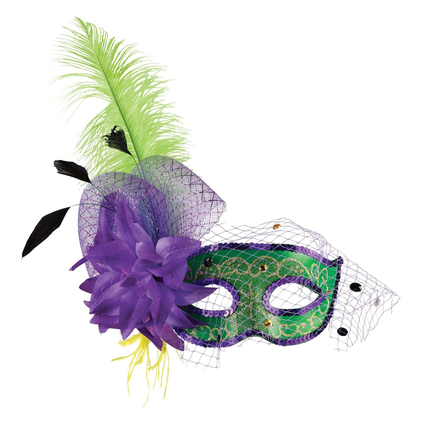 A Mardi Gras themed masquerade mask with a net and Green and purple feathers.