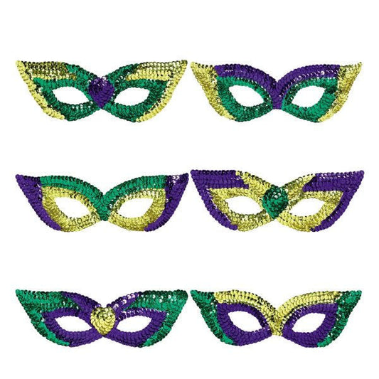 A six pack of Mardi Gras themed sequin party masks.