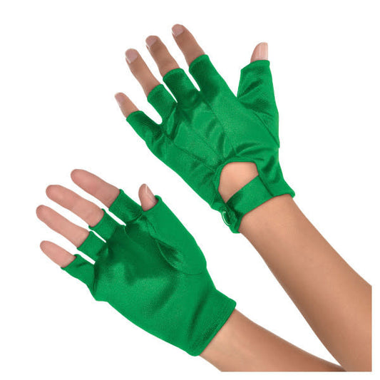 Green fingerless gloves with a strap perfect for St. Patrick's Day.