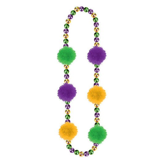 Mardi Gras colored beads with fuzzy pom poms on them.