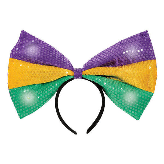 A Mardi Gras inspired light up headband in the shape of a bow.
