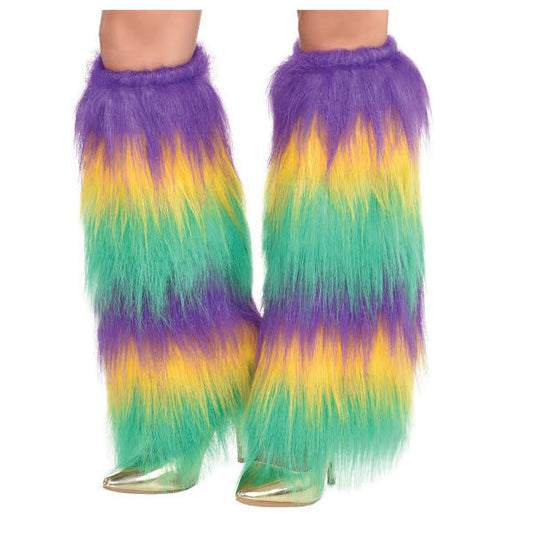 Fuzzy plush Mardi Gras themed leg warmers..
