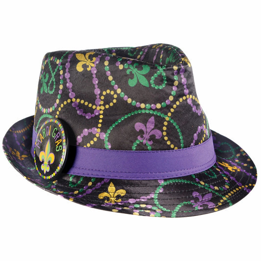 A Mardi Gras themed fedora with beads and fleur de lis all over.