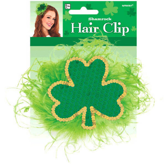 A hair clip for St. Patrick's Day in the shape of a shamrock.