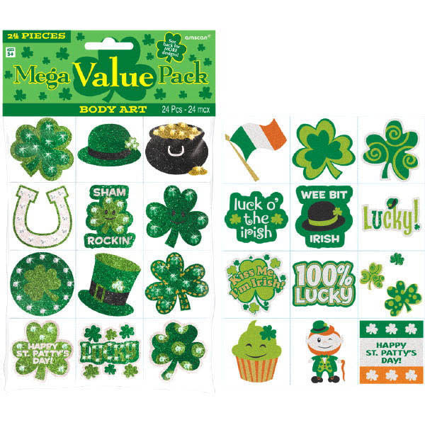 A 24 piece body art package that is St. Patrick's day themed. 