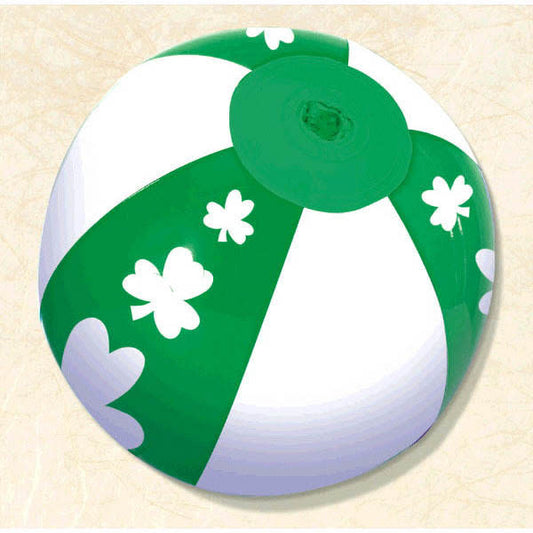 A St. Patrick's Day themed inflatable beach ball with green stripes and white shamrocks all over.