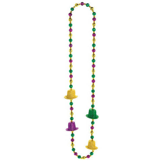 A Mardi Gras bead necklace with Mardi Gras hats on it.