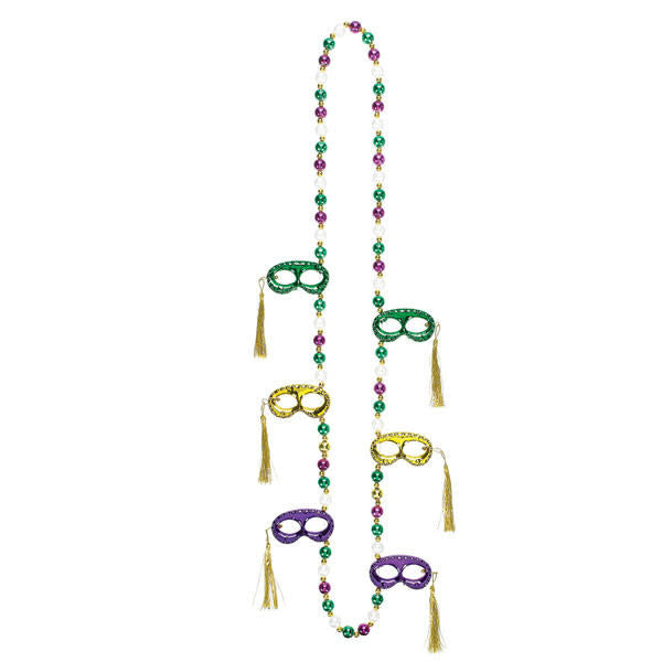 A Mardi Gras inspired necklace with beads and masks attached.