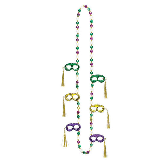 A Mardi Gras inspired necklace with beads and masks attached.