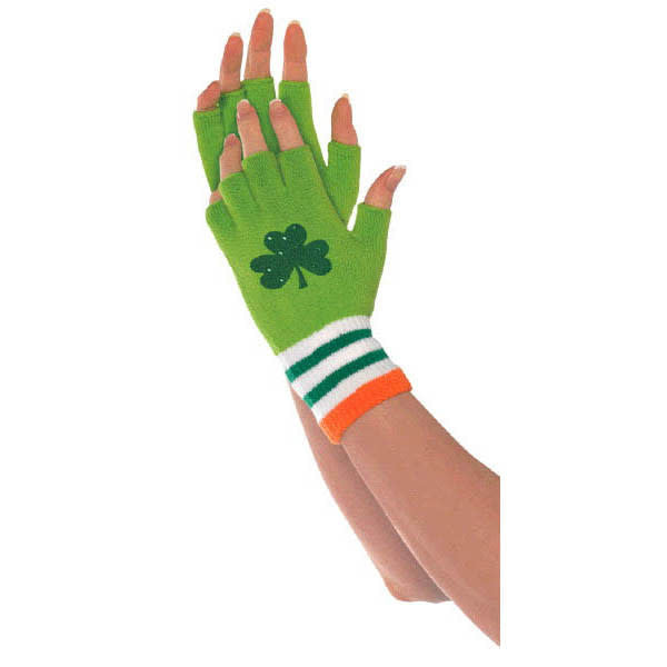 St. Patrick's Day themed fingerless gloves with a shamrock on top.