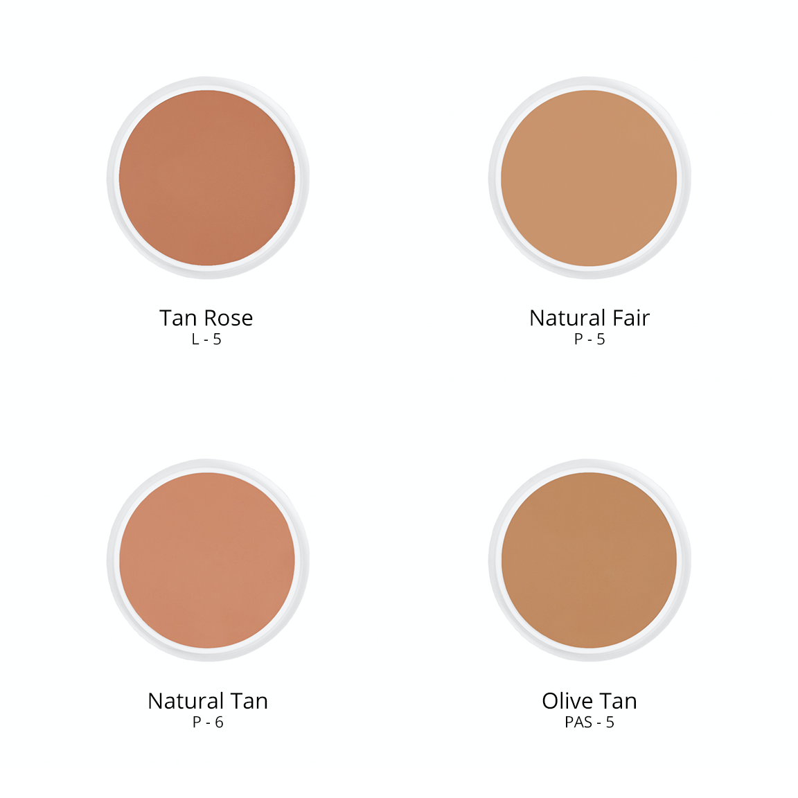 Ben Nye creme foundation in 4 shades: Tan Rose L - 5, Natural Fair P - 5, Natural Tan P - 6, and Olive Tan PAS - 5.