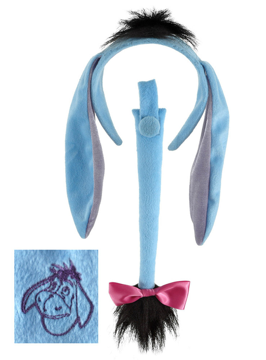 A close up of an Eeyore ears, headband, and tail kit costume from Winnie the Pooh.