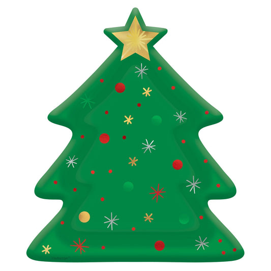 A close up of a Christmas tree shaped plate with a gold star.