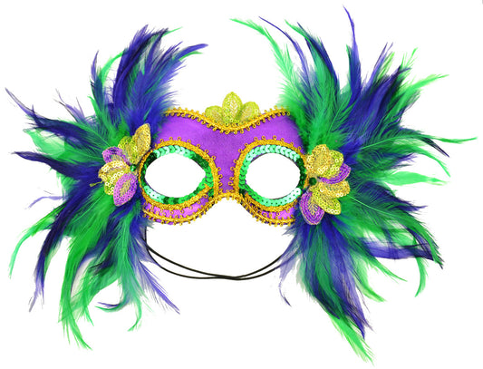 Mardi Gras themed satin & feather half masquerade mask