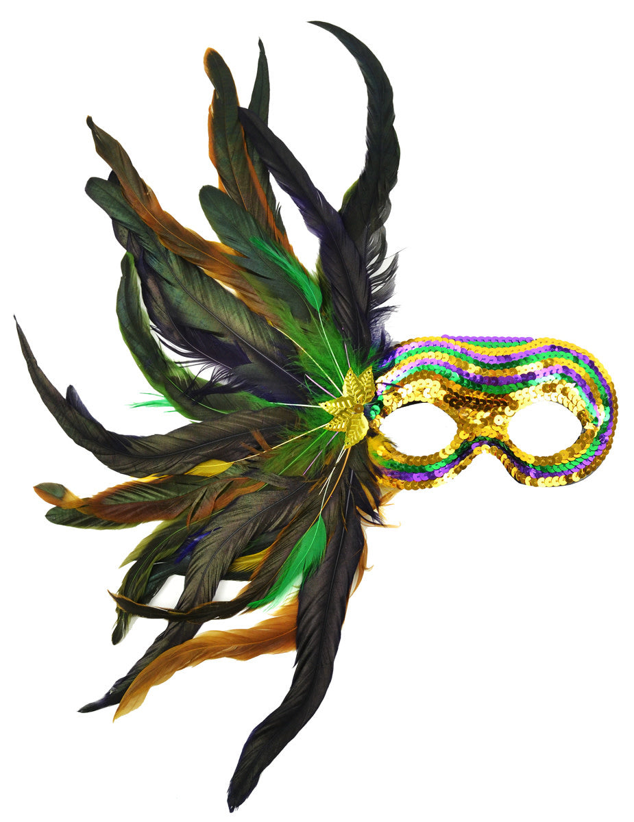 A Mardi Gras themed sequin masquerade mask made of satin.