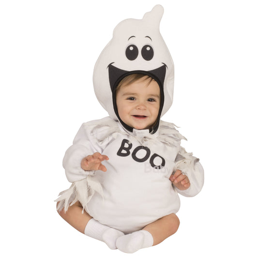 A baby wearing a baby ghost costume that says boo on it.