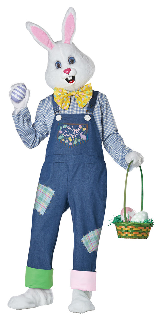 An adult Easter Bunny costume in overalls with an Easter basket.