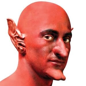 A man painted all red using a latex bald cap for his costume.