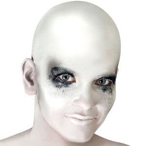 A costume of an alien using a latex bald cap.