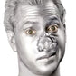 A man in silver body paint wearing the tin man nose prosthetic makeup kit.