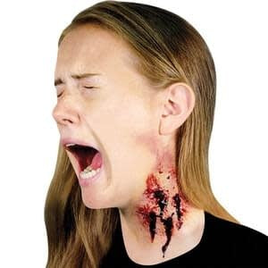 A woman wearing the werewolf bites prosthetic makeup kits giving the illusion that she was bit by a werewolf on her neck.