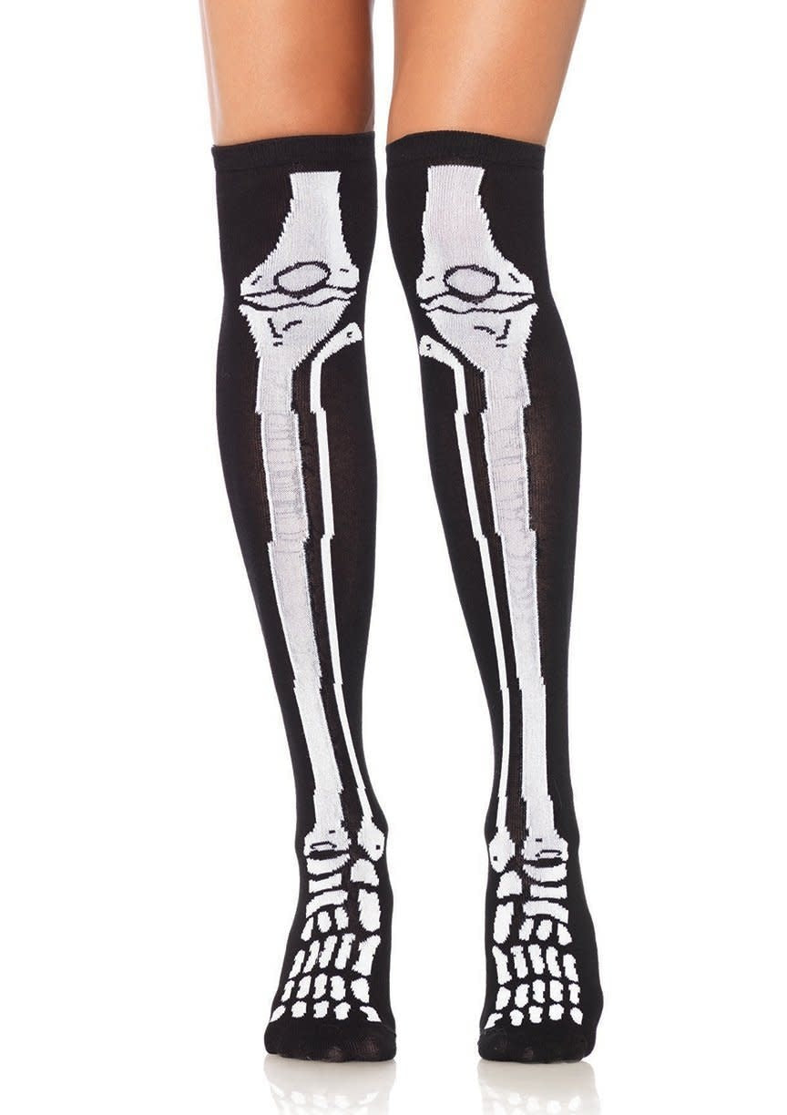 Skeleton Over The Knee Socks - Black/White