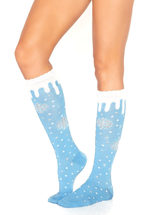 Lurex Snowflake Knee Socks - Blue/White