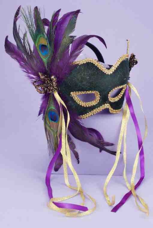 Carnival Style Half Mask w/ Feathers: Green (MJ-021)