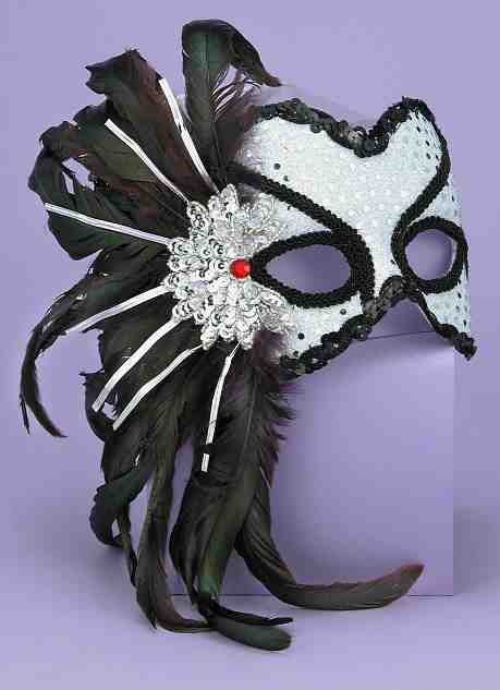 Carnival Style Half Mask w/ Black Feathers: Silver