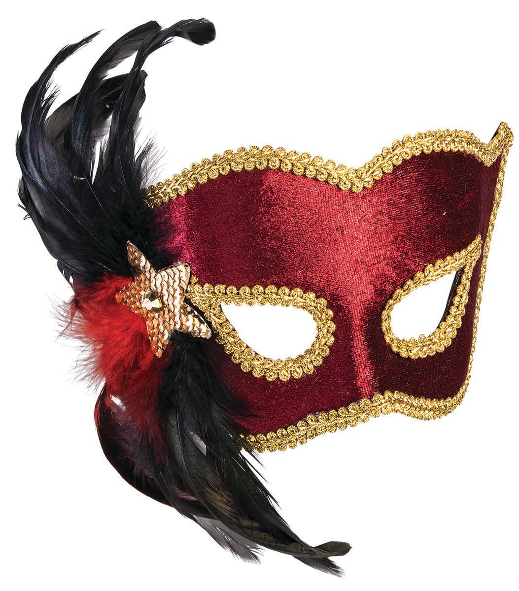 A maroon carnival half mask with black feathers on the side.