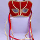A red and gold half masquerade mask with ribbons.